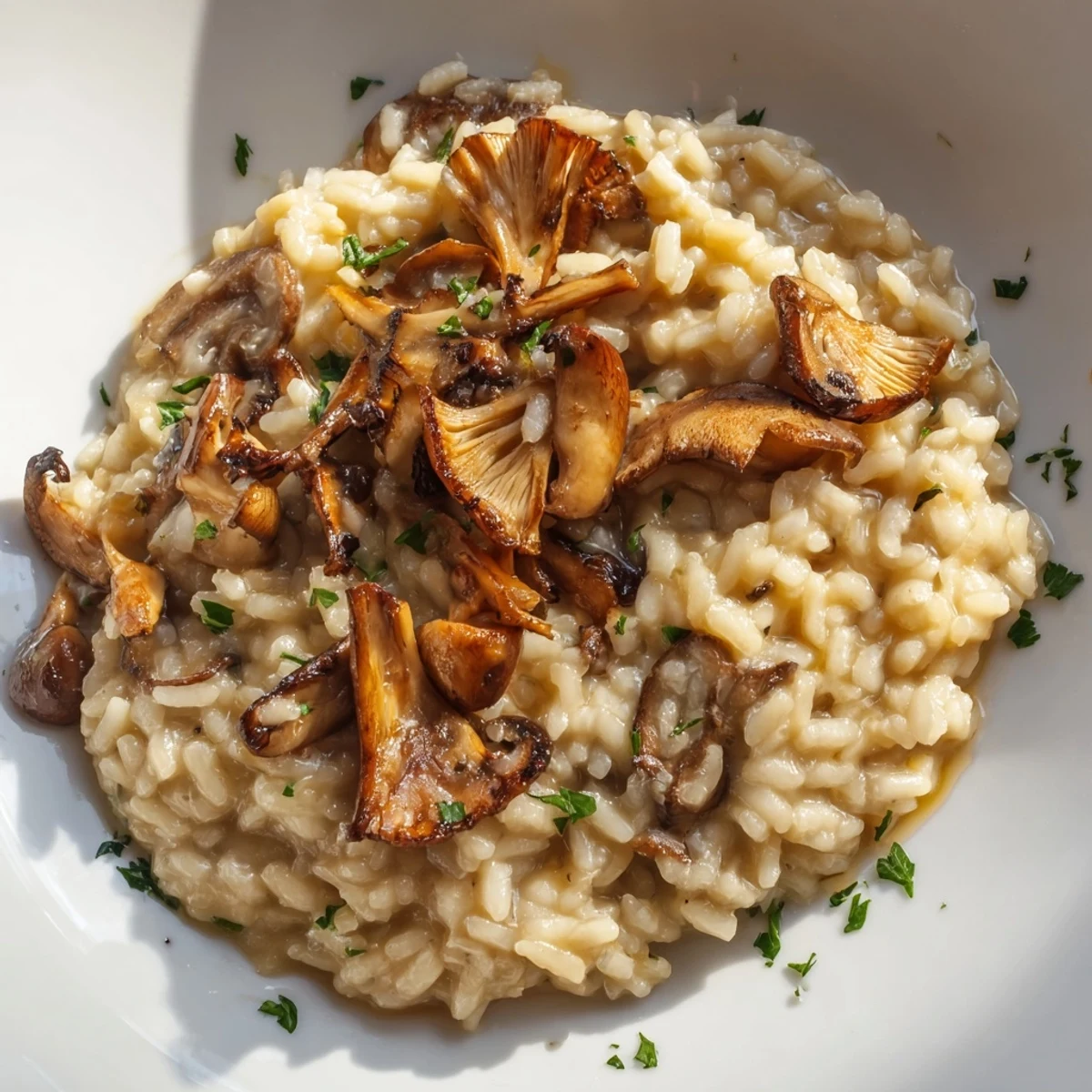 A spoonful of Creamy Mushroom Risotto with Truffle Oil reveals its luscious texture and sautéed mushroom pieces.  