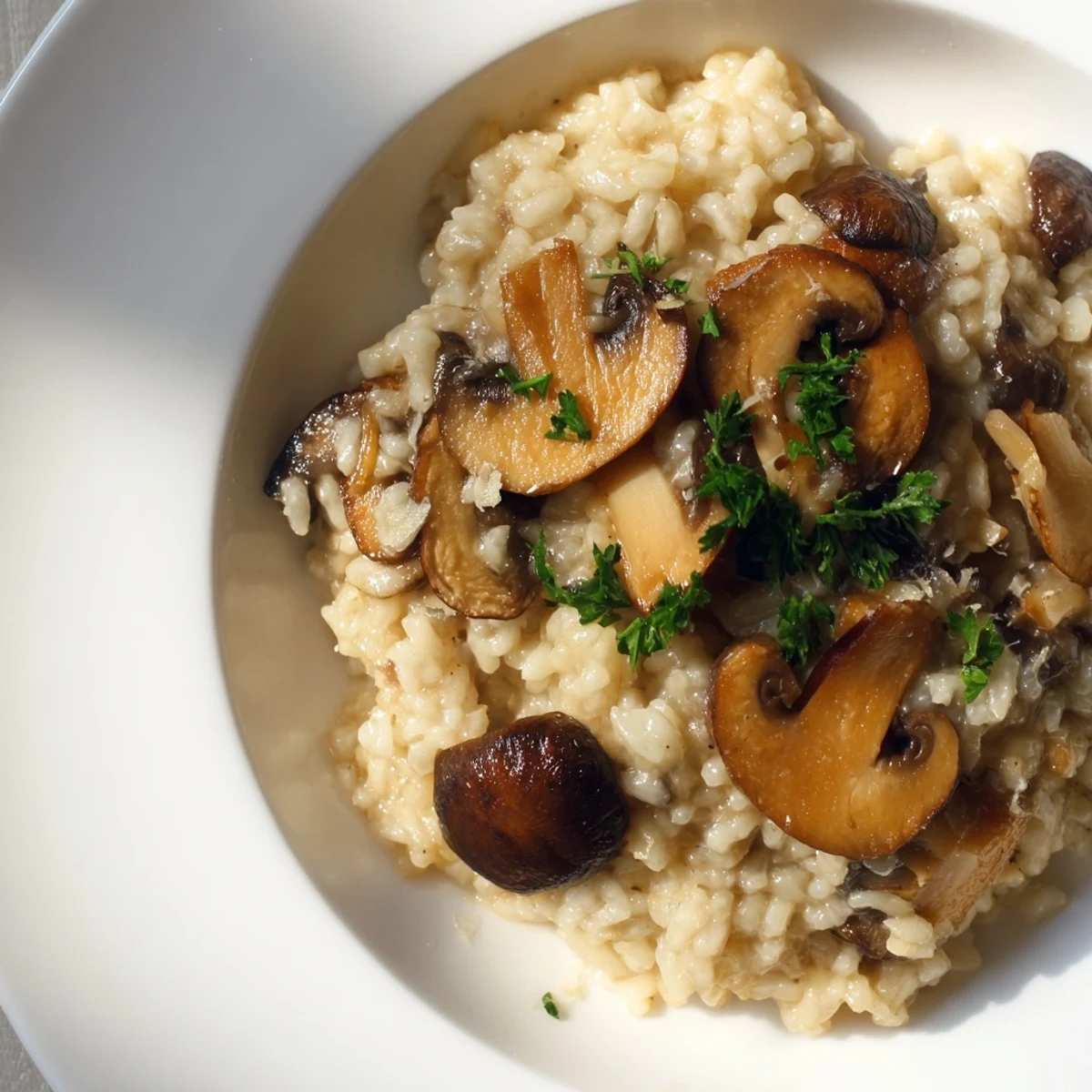 Serving suggestion for Creamy Mushroom Risotto with Truffle Oil alongside a crisp Italian white wine on a dinner table.