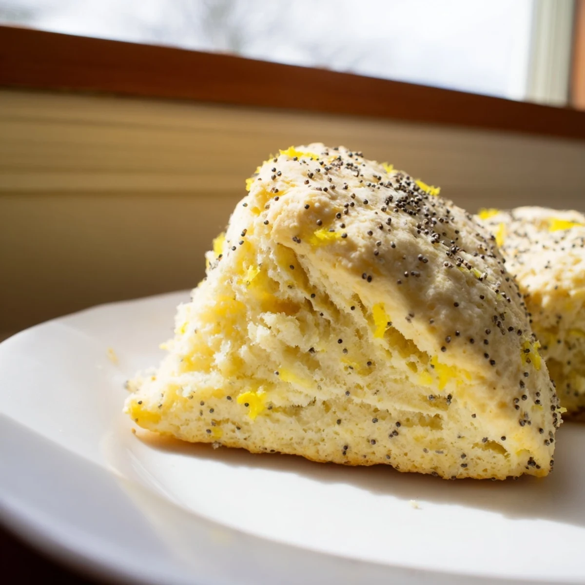 Flaky Lemon Poppy Seed Scones with poppy seed speckles, paired with steaming coffee for a cozy breakfast spread.