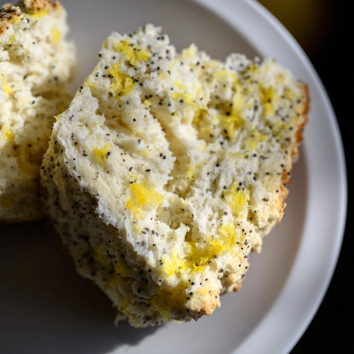Tender Lemon Poppy Seed Scones cooling on a wire rack, topped with a glossy lemon glaze drip.