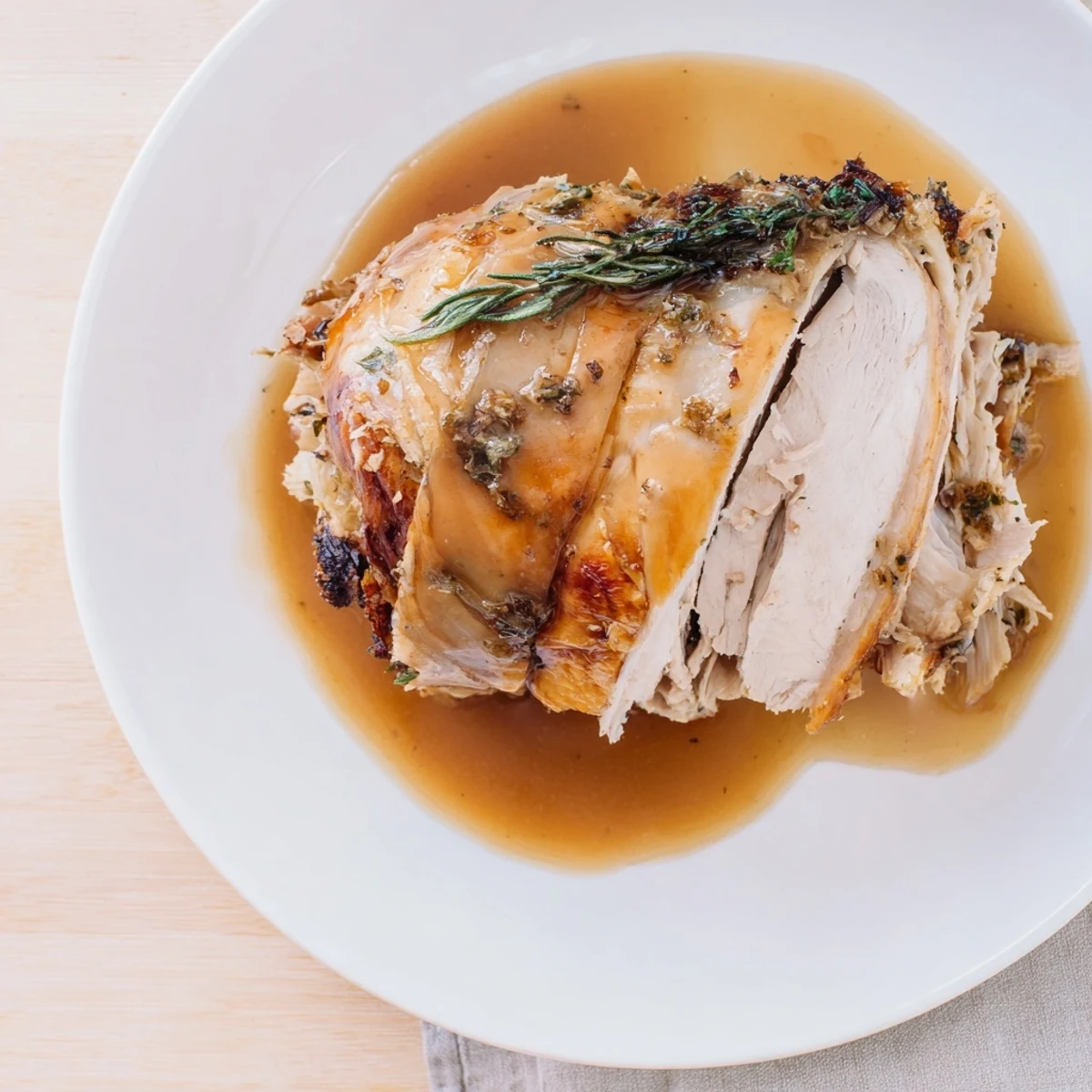 Golden-brown Alternative Easter Roast Turkey glistening with herb butter and fresh rosemary on a rustic serving platter.  