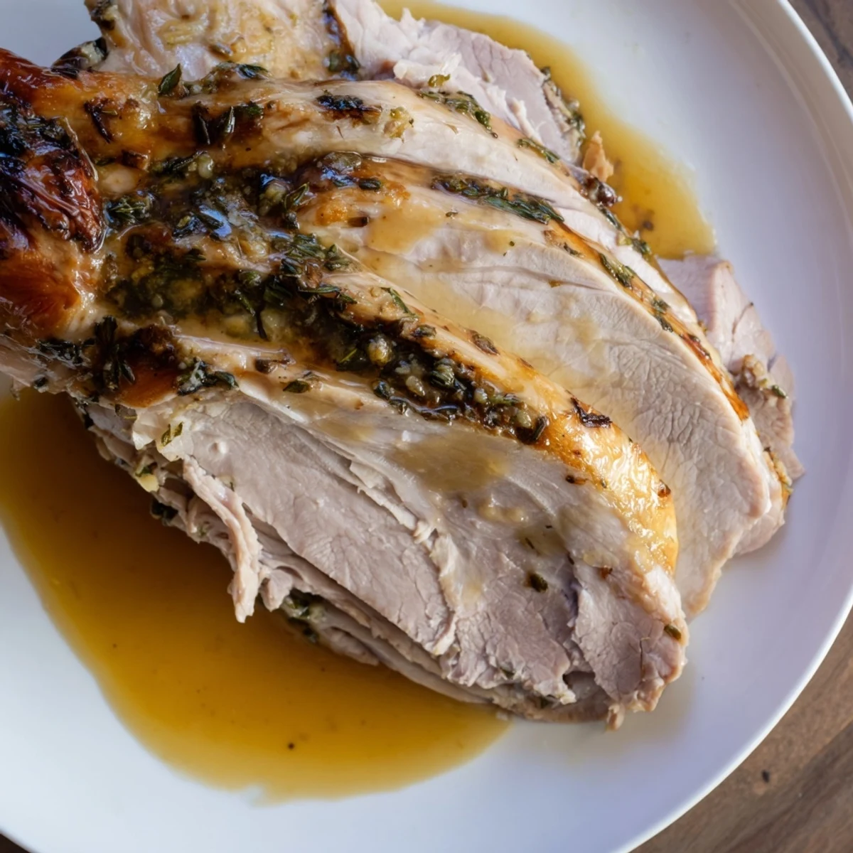 Succulent slices of Alternative Easter Roast Turkey arranged with roasted vegetables and rich, savory gravy drizzled over.  