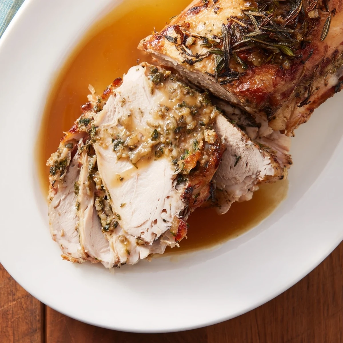 Carving the Alternative Easter Roast Turkey at a festive Easter table, revealing juicy meat and aromatic lemon-herb seasoning.