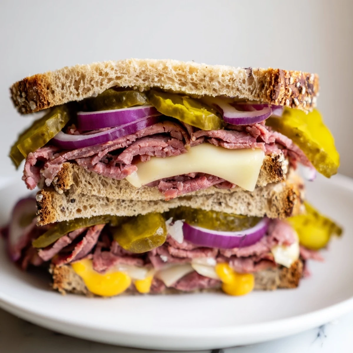 Close-up of a corned beef sandwich on rye, stacked with Swiss cheese, pickles, and mustard on a rustic board.
