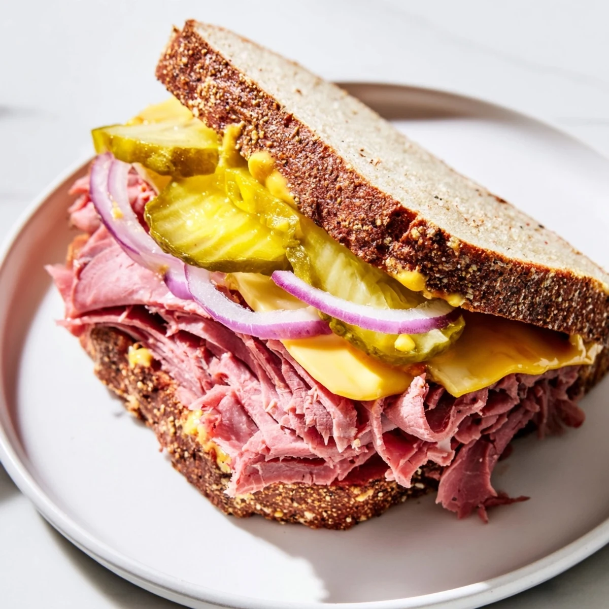 A classic corned beef sandwich on rye, layered with pickles and mustard, ready to serve with potato chips.