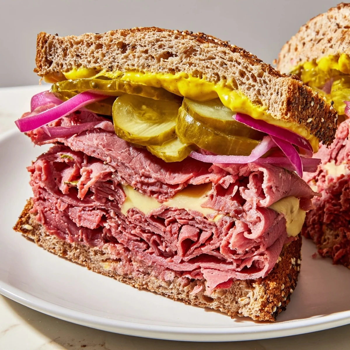 A hearty corned beef sandwich on rye, featuring tender meat and crisp lettuce on golden toasted slices.
