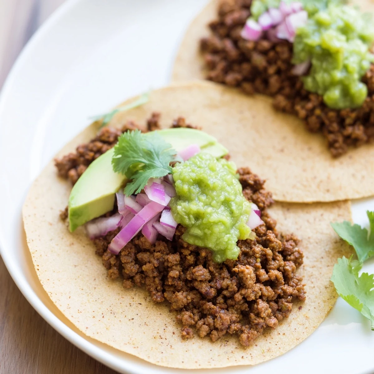 Warm corn tortillas stuffed with juicy Spicy Beef Tacos with Salsa Verde, topped with creamy avocado slices.