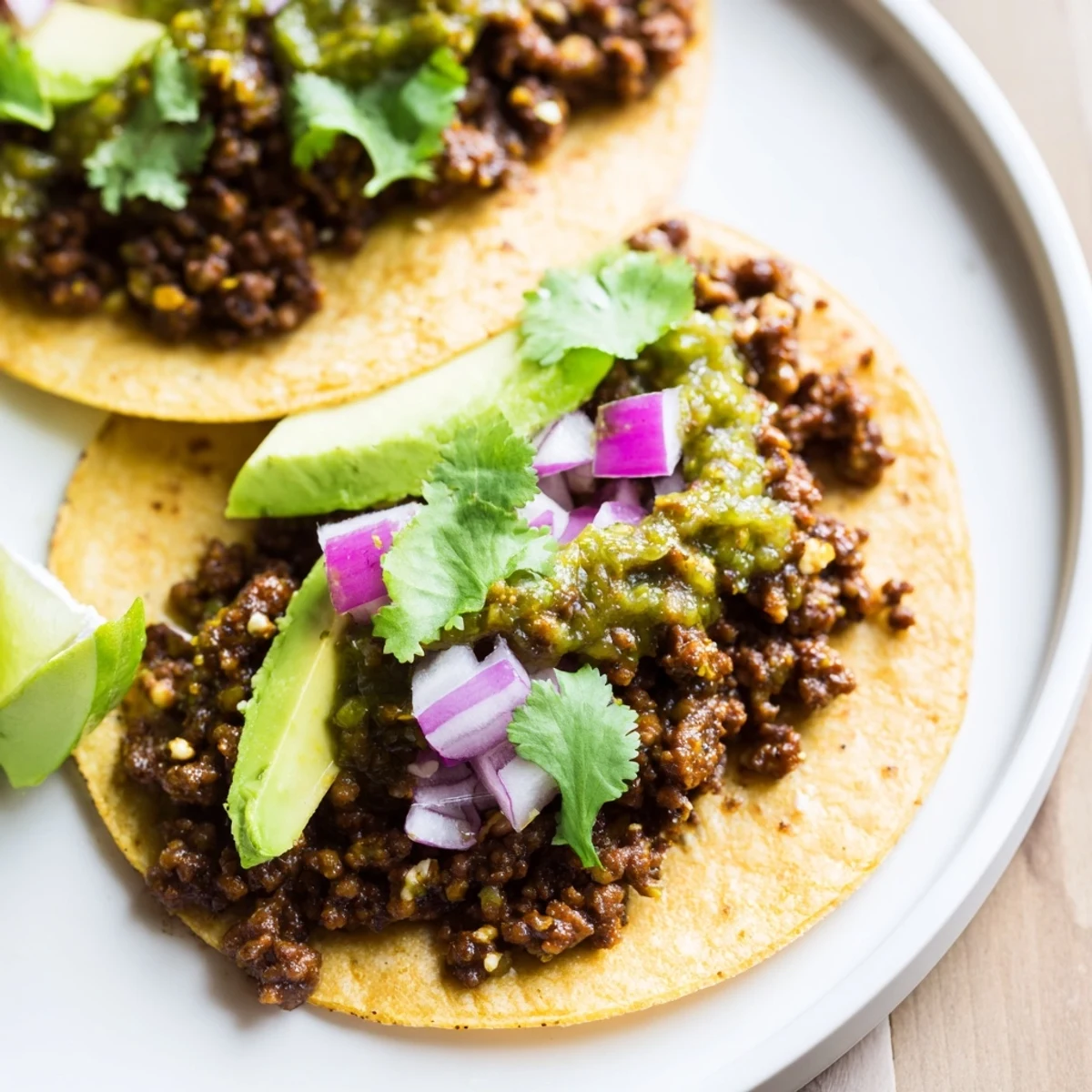 A close-up of Spicy Beef Tacos with Salsa Verde garnished with fresh cilantro and crumbled queso fresco.