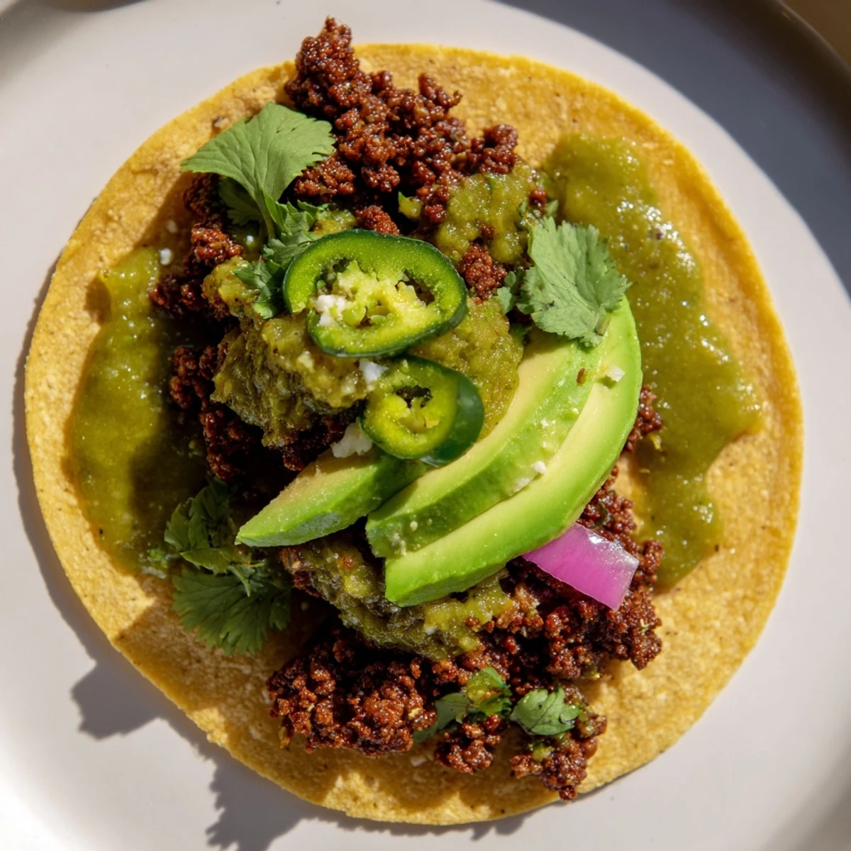 Serving platter of Spicy Beef Tacos with Salsa Verde alongside lime wedges for a zesty finish.