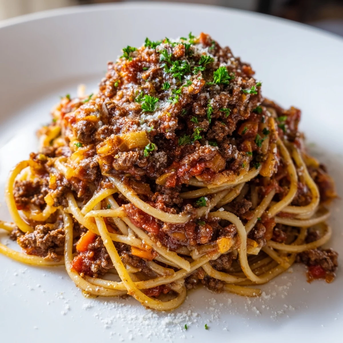 A close-up of Beef Bolognese with Spaghetti topped with fresh Parmesan and parsley on a rustic plate.