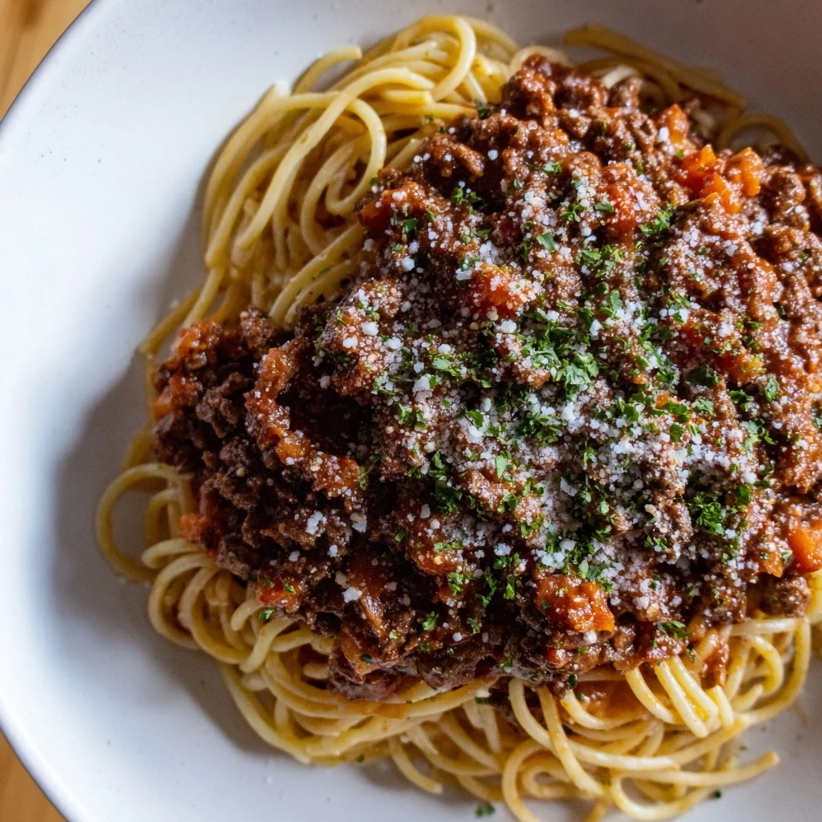 Hearty Beef Bolognese with Spaghetti served in a white bowl with crusty bread on the side.