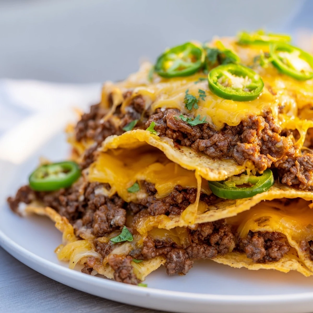 A close-up of Beef Nachos with Jalapenos and Cheese bubbling hot from the oven, garnished with cilantro and served with lime wedges.