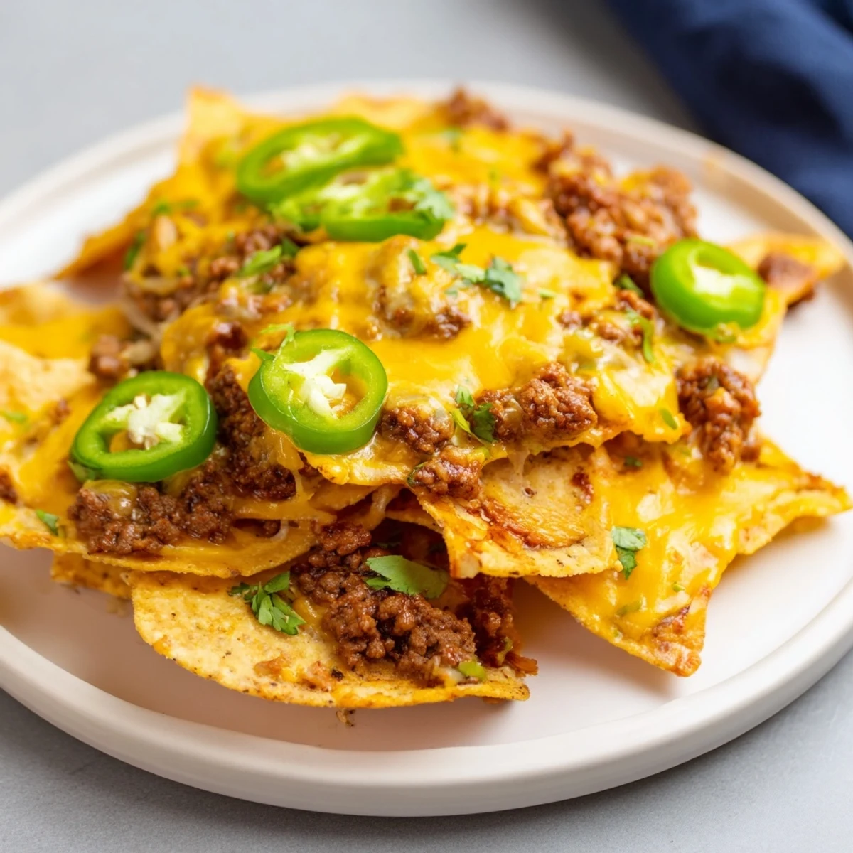 Golden tortilla chips loaded with savory ground beef, melted cheddar and Monterey Jack, and fresh jalapeños for this classic Beef Nachos with Jalapenos and Cheese.