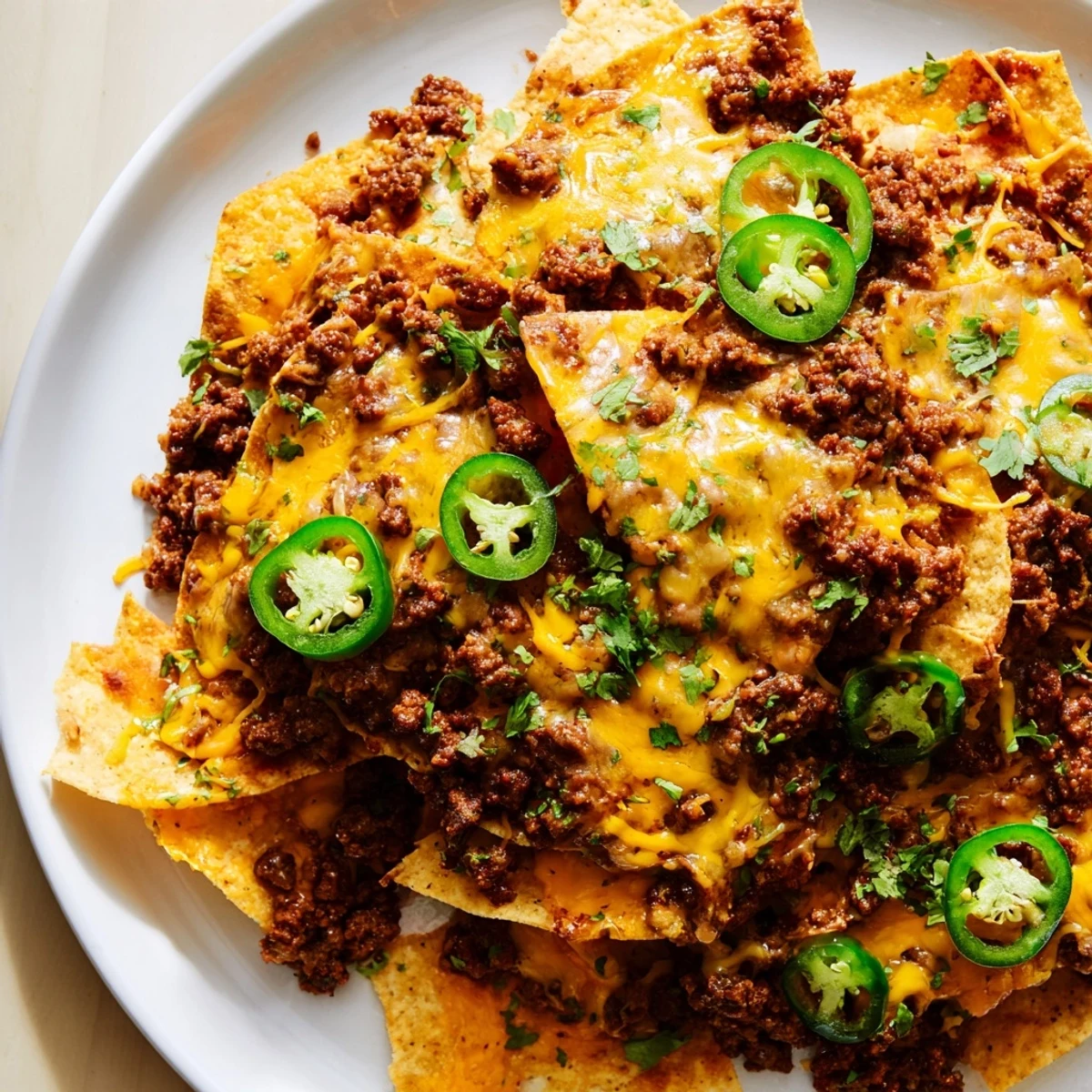 Appetizer platter of Beef Nachos with Jalapenos and Cheese featuring seasoned beef, gooey cheese, and spicy jalapeños on crispy chips.