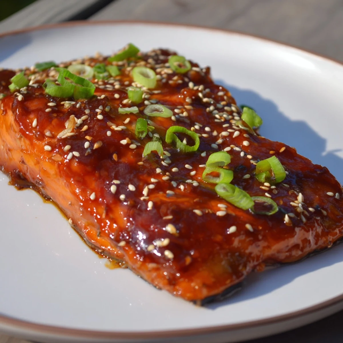 Golden-baked salmon fillets glistening with homemade teriyaki glaze, garnished with scallions and sesame seeds.