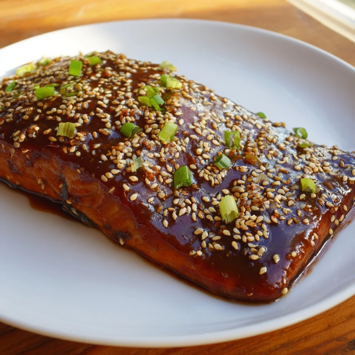 Baked salmon with teriyaki glaze on a white plate, ready for a weeknight Japanese-inspired dinner.