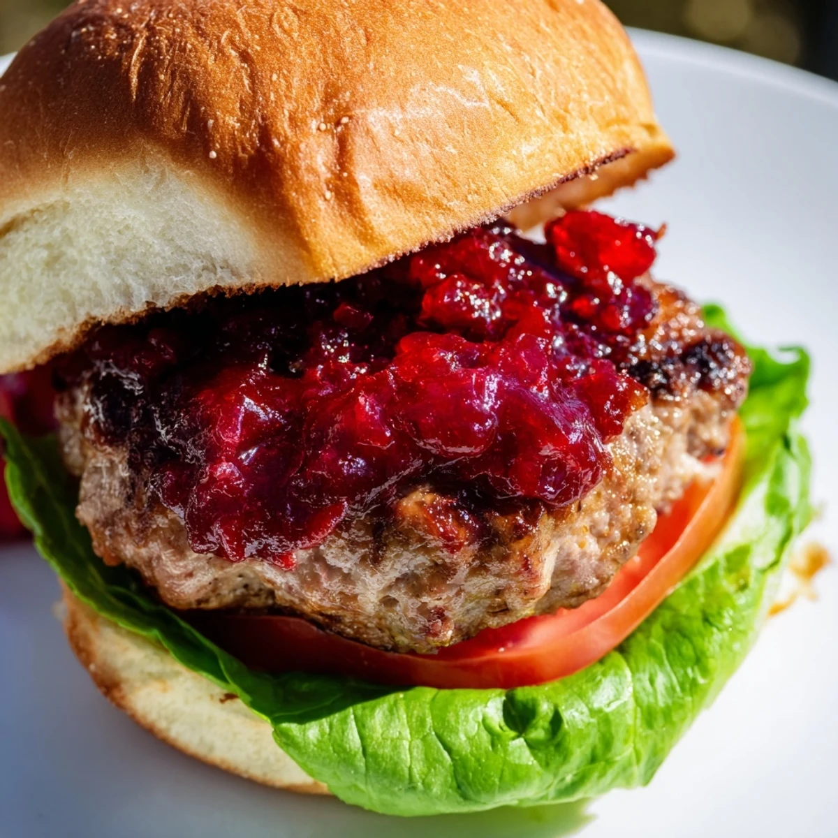Juicy turkey burgers with cranberry sauce on a toasted bun with fresh lettuce and tomato.