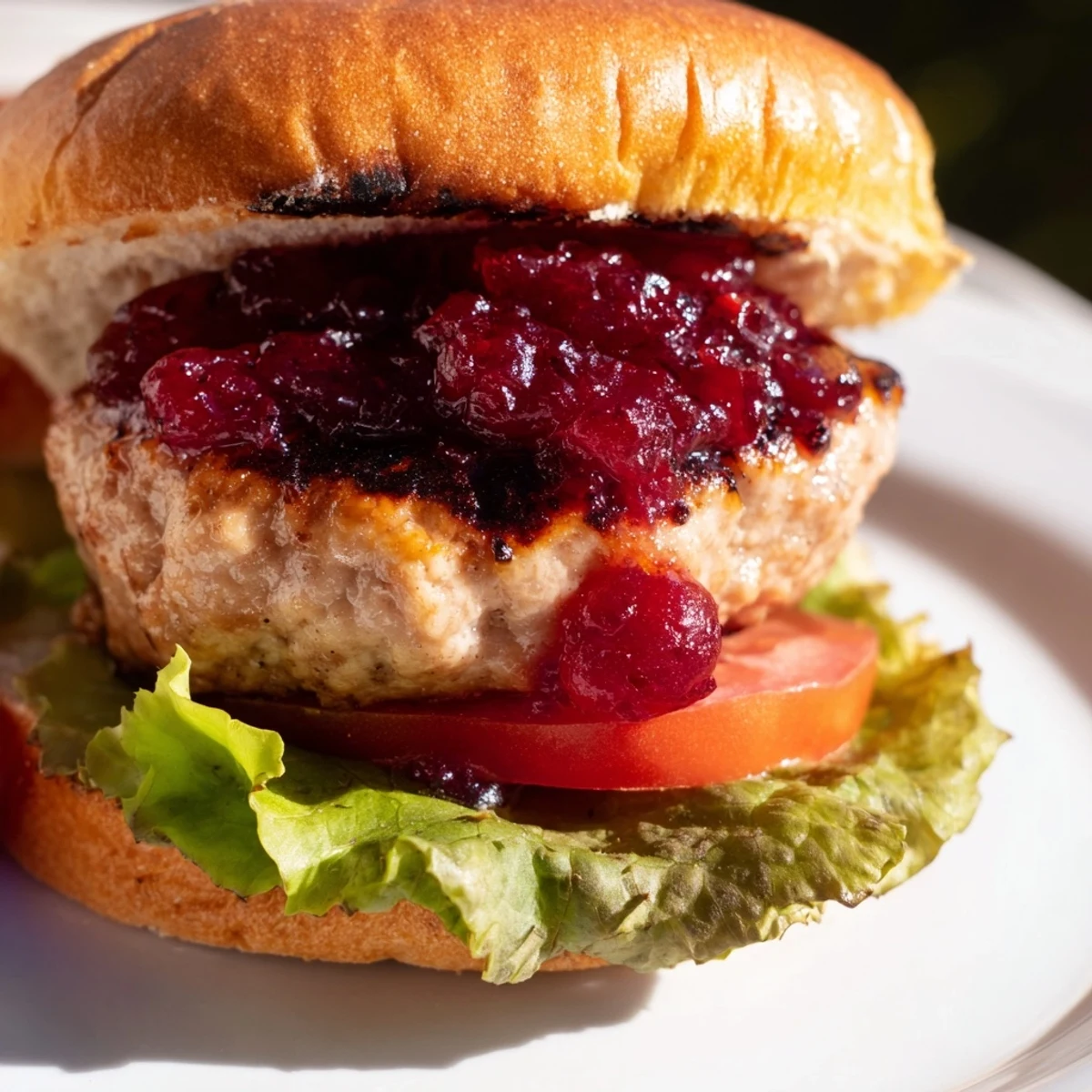 Golden-brown turkey burgers topped with tangy cranberry sauce served with red onion slices.