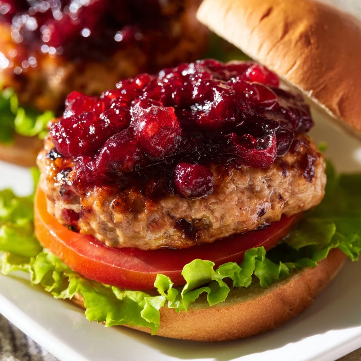Close-up of turkey burgers with cranberry sauce and tomato on a plate for dinner.