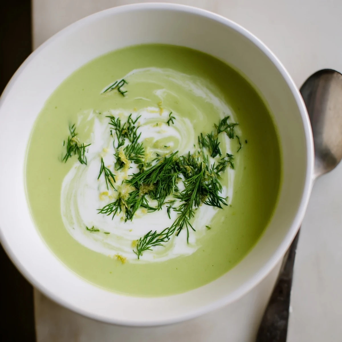 Creamy Asparagus Soup with Lemon garnished with fresh chives, a bright green puree served in a rustic white bowl, perfect for a light spring lunch.