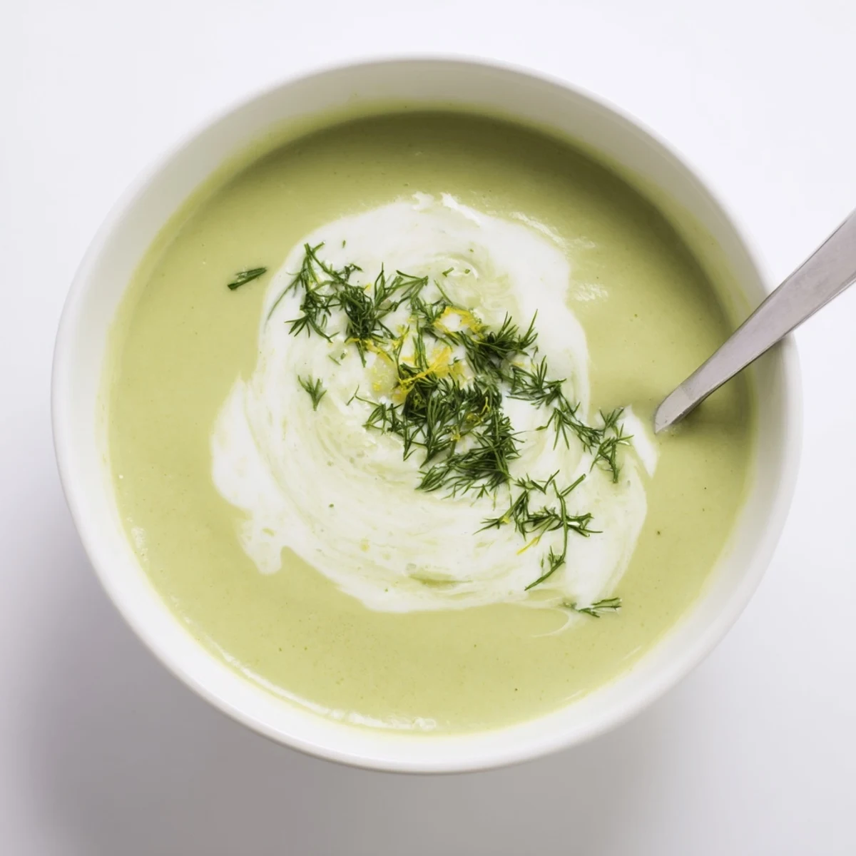 Freshly blended Creamy Asparagus Soup with Lemon steaming in a ceramic bowl, a velvety green texture with a garnish of dill and lemon zest.