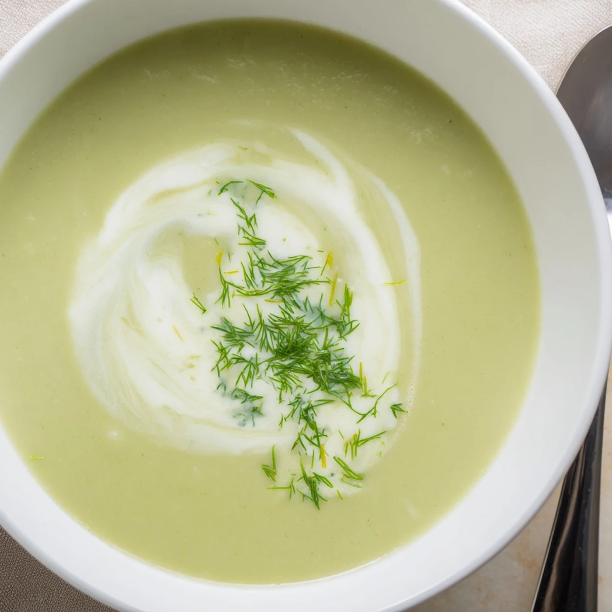 A comforting bowl of Creamy Asparagus Soup with Lemon, highlighting tender asparagus spears and a drizzle of olive oil for an elegant starter.