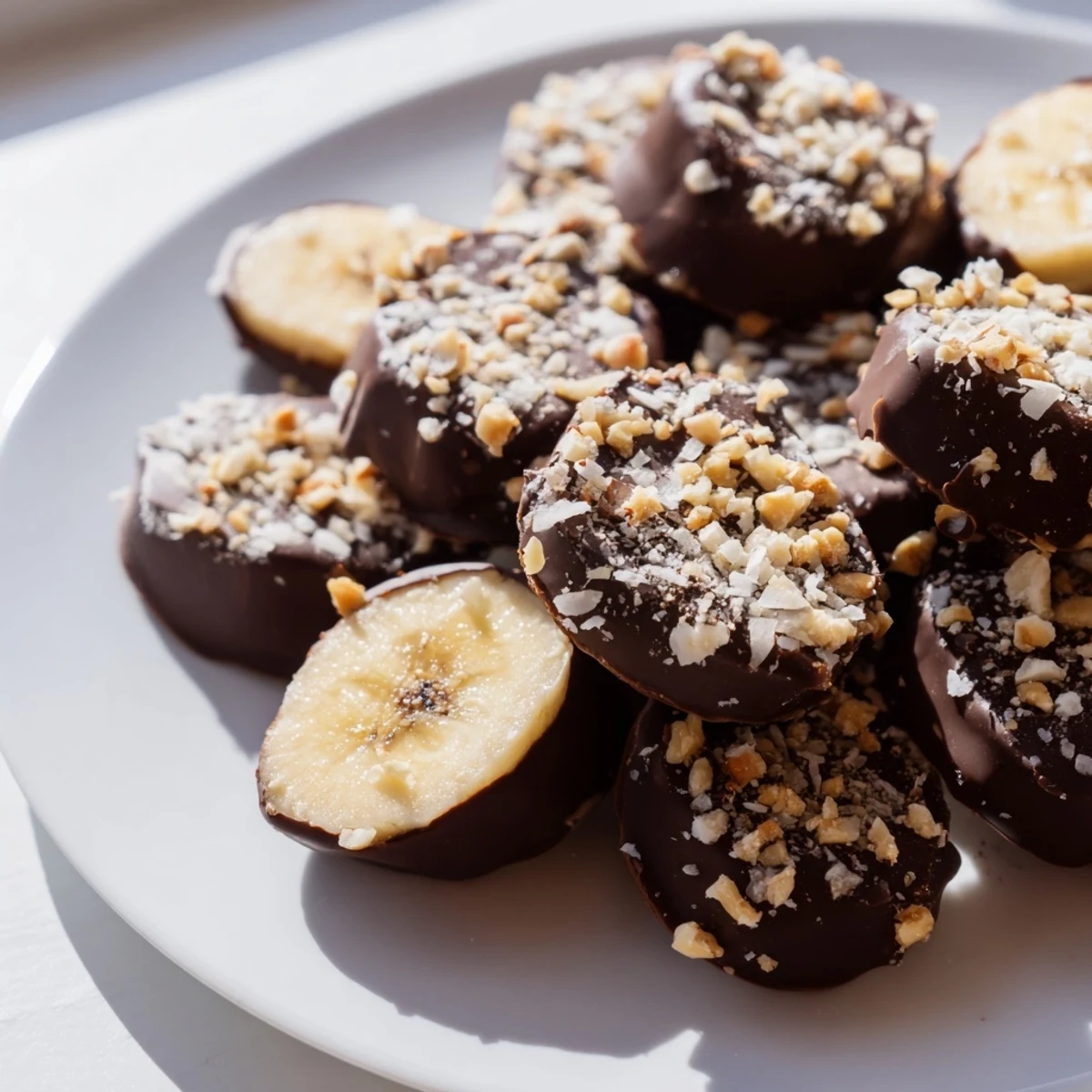 Frozen chocolate-covered banana bites arranged on parchment with chopped peanuts and shredded coconut toppings for a sweet, crunchy finish.