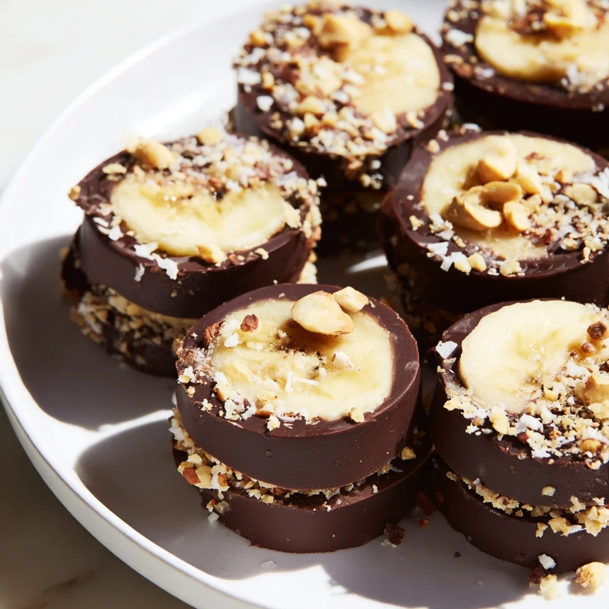 These bite-sized chocolate-covered banana treats on a chilled tray are perfect for easy, gluten-free, vegetarian dessert cravings.