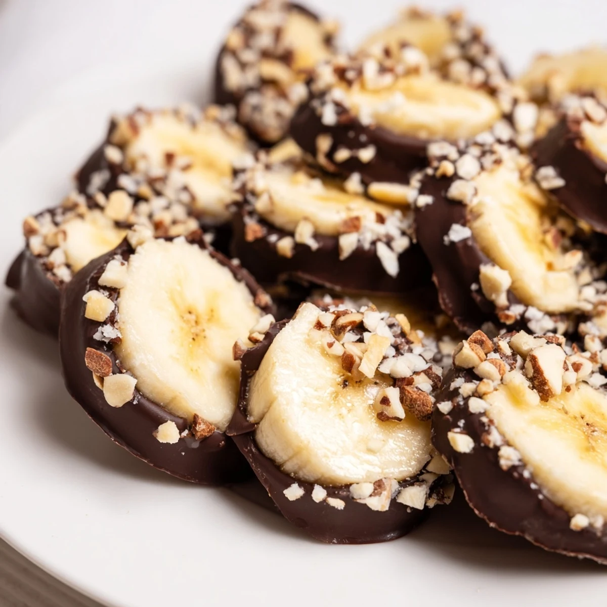 Melted dark chocolate coated banana slices topped with rainbow sprinkles and almonds, ready to serve as a frozen dessert snack.