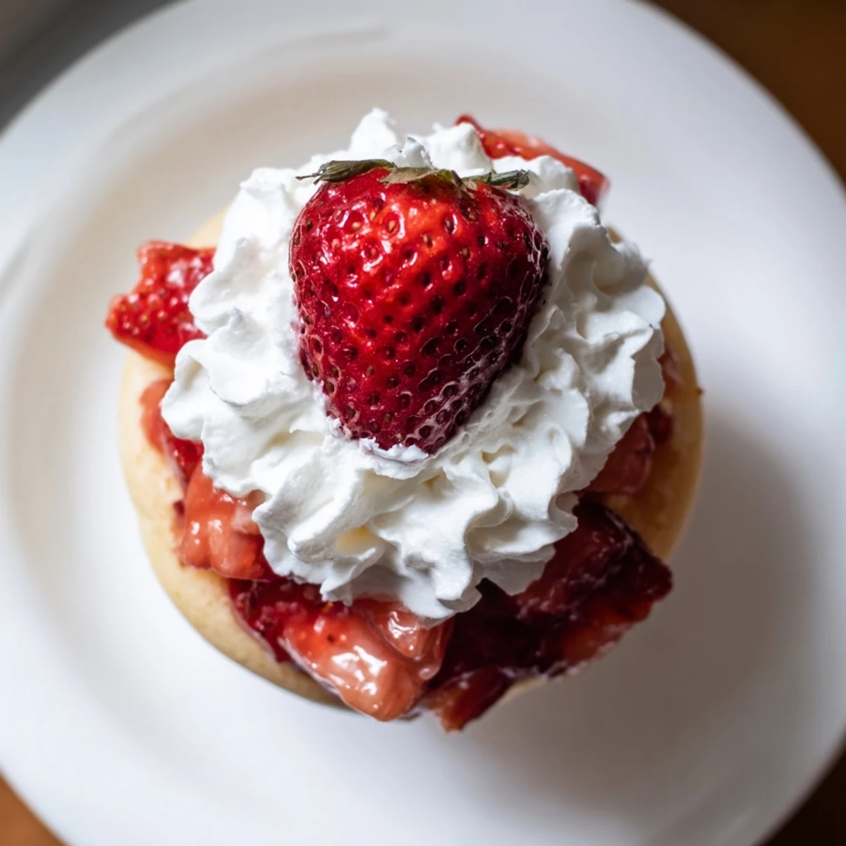 Freshly baked Strawberry Shortcake Cupcakes displayed with whipped cream swirls and strawberry halves on a rustic wooden table.