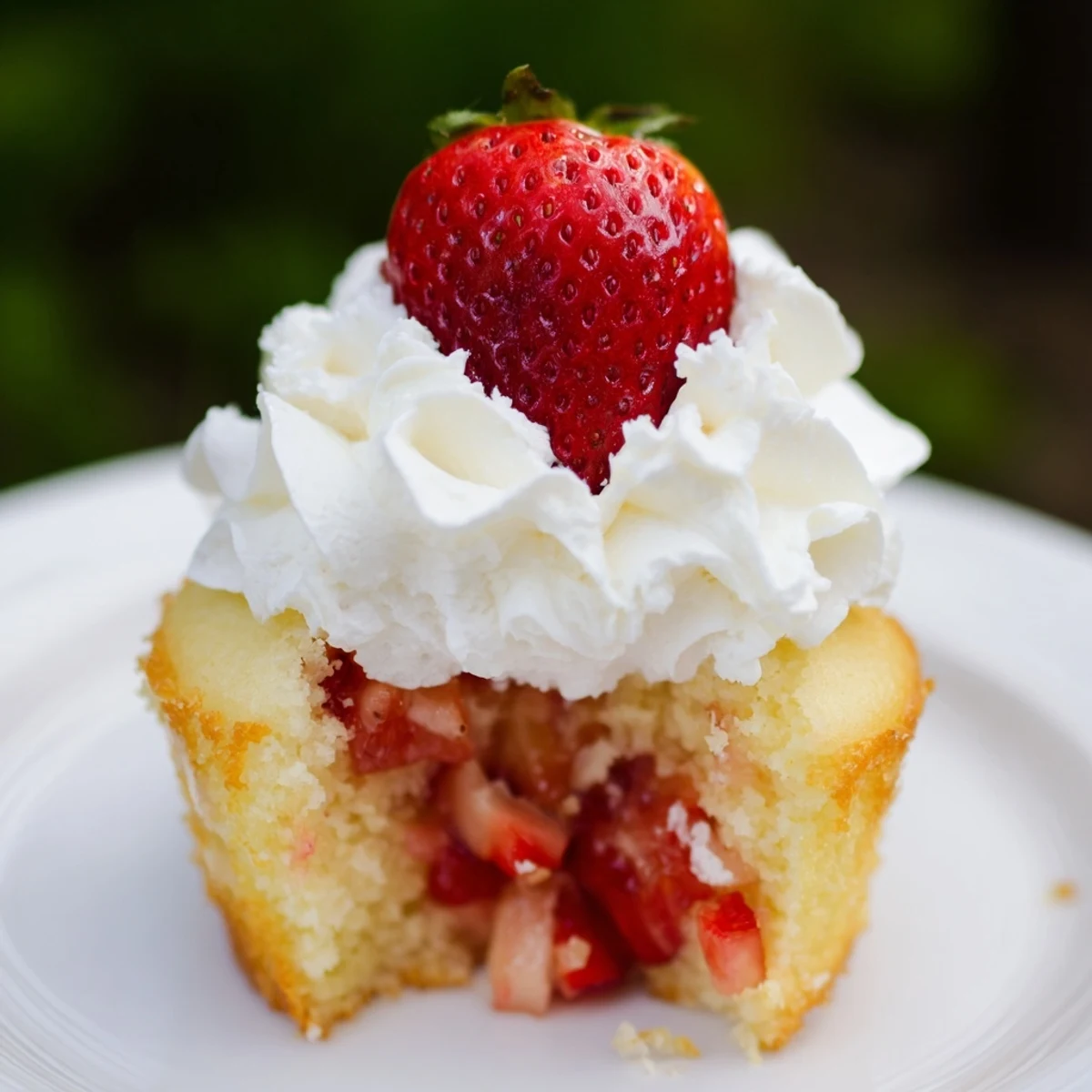 A close-up of Strawberry Shortcake Cupcakes showing moist vanilla cake layers filled with diced strawberries and topped with fluffy cream.