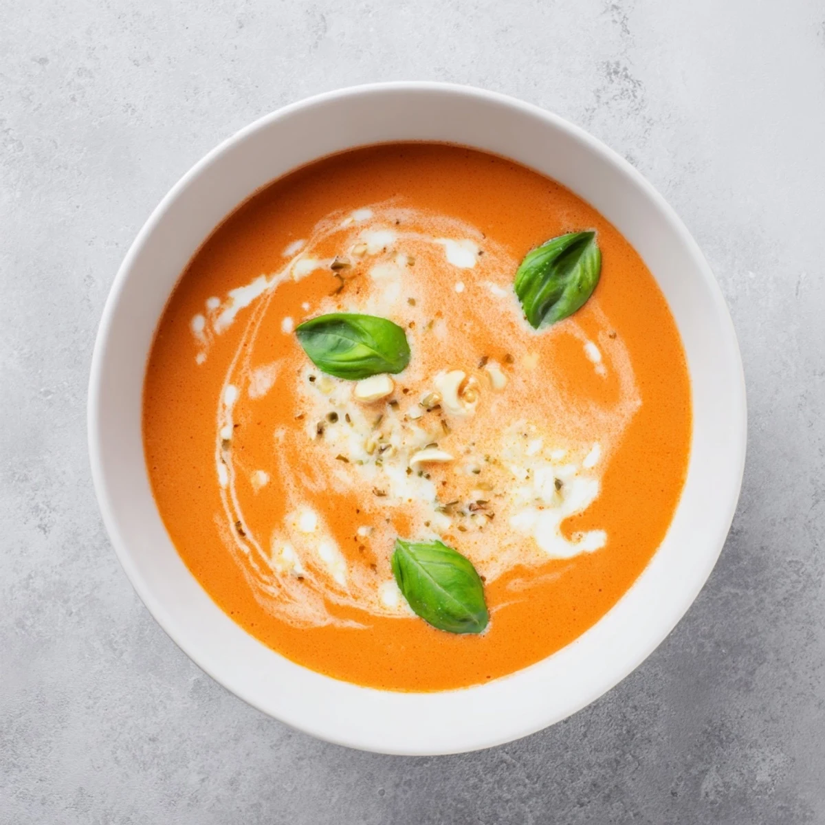 Creamy Tomato Soup with Basil in a white bowl with basil garnish, steam rising from silky red soup.