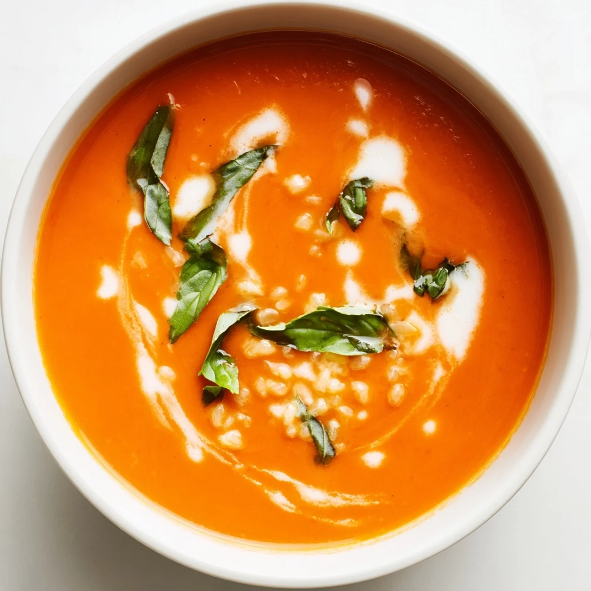 Fresh basil sprigs garnish Creamy Tomato Soup with Basil served hot in a rustic ceramic mug.