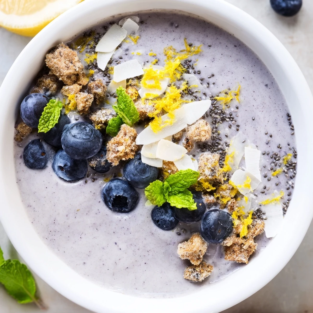 A vibrant Lemon Blueberry Smoothie Bowl topped with granola and fresh berries in a ceramic bowl.