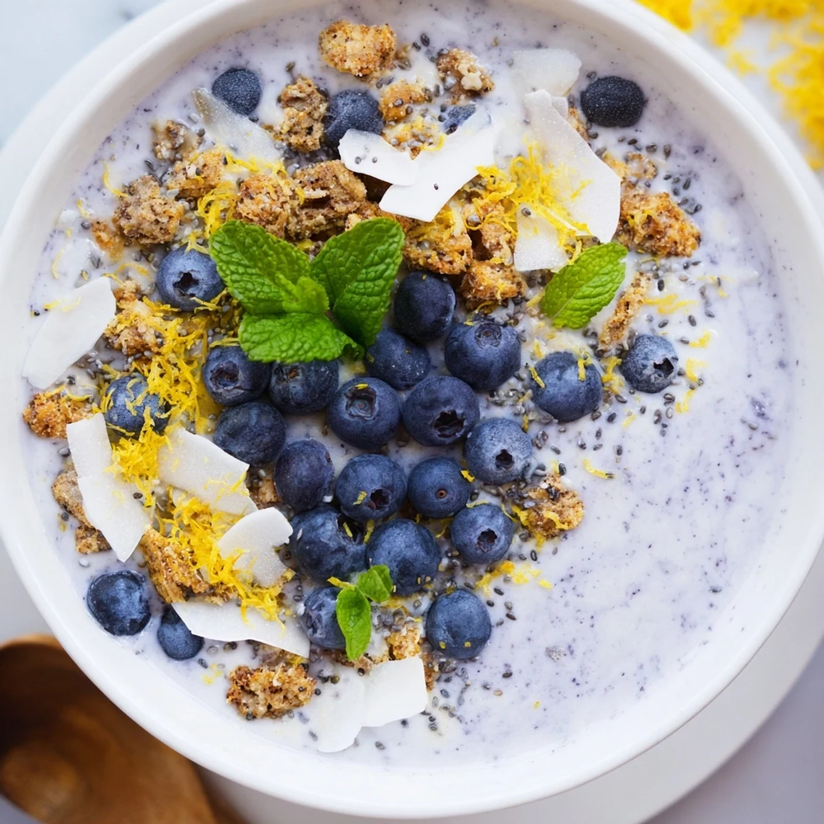 Refreshing Lemon Blueberry Smoothie Bowl served with mint leaves on a wooden table.