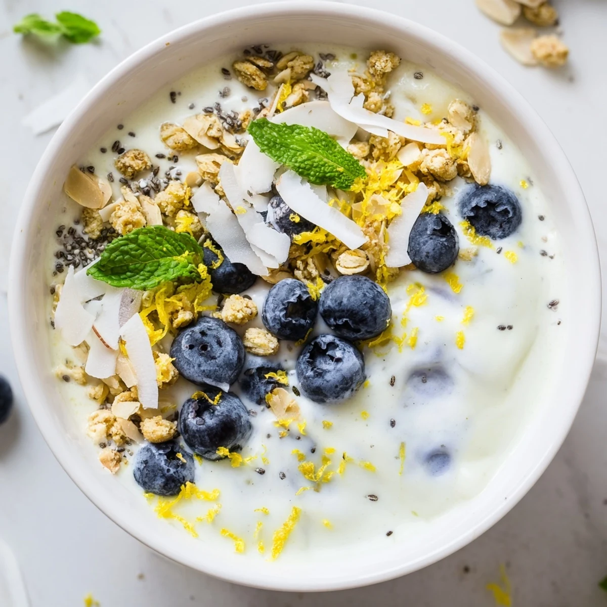 Close-up of a creamy Lemon Blueberry Smoothie Bowl with chia seeds and coconut flakes.