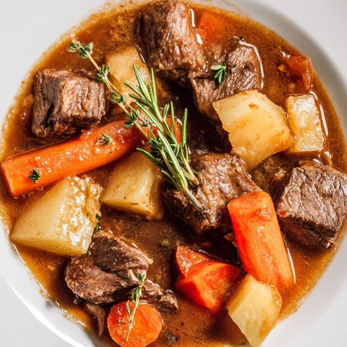 Golden beef stew with root vegetables and herbs steaming in a rustic ceramic bowl, ready to serve.