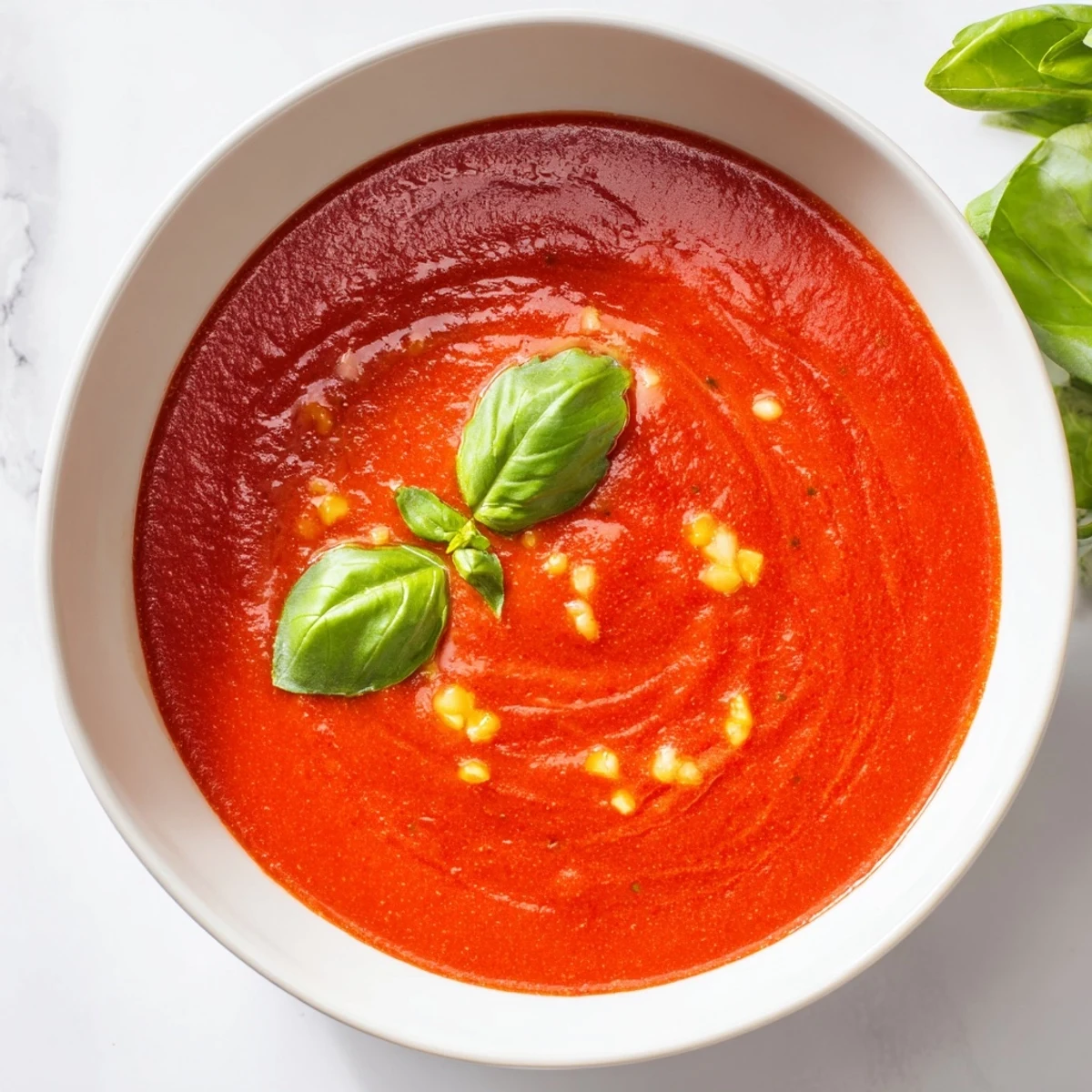 Creamy Tomato Soup with Fresh Basil steaming in a white bowl, garnished with basil leaves.
