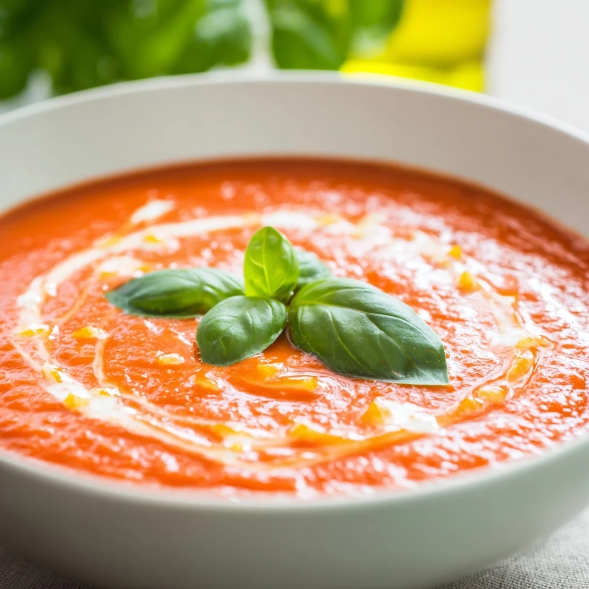 Close-up of Creamy Tomato Soup with Fresh Basil topped with a swirl of cream.