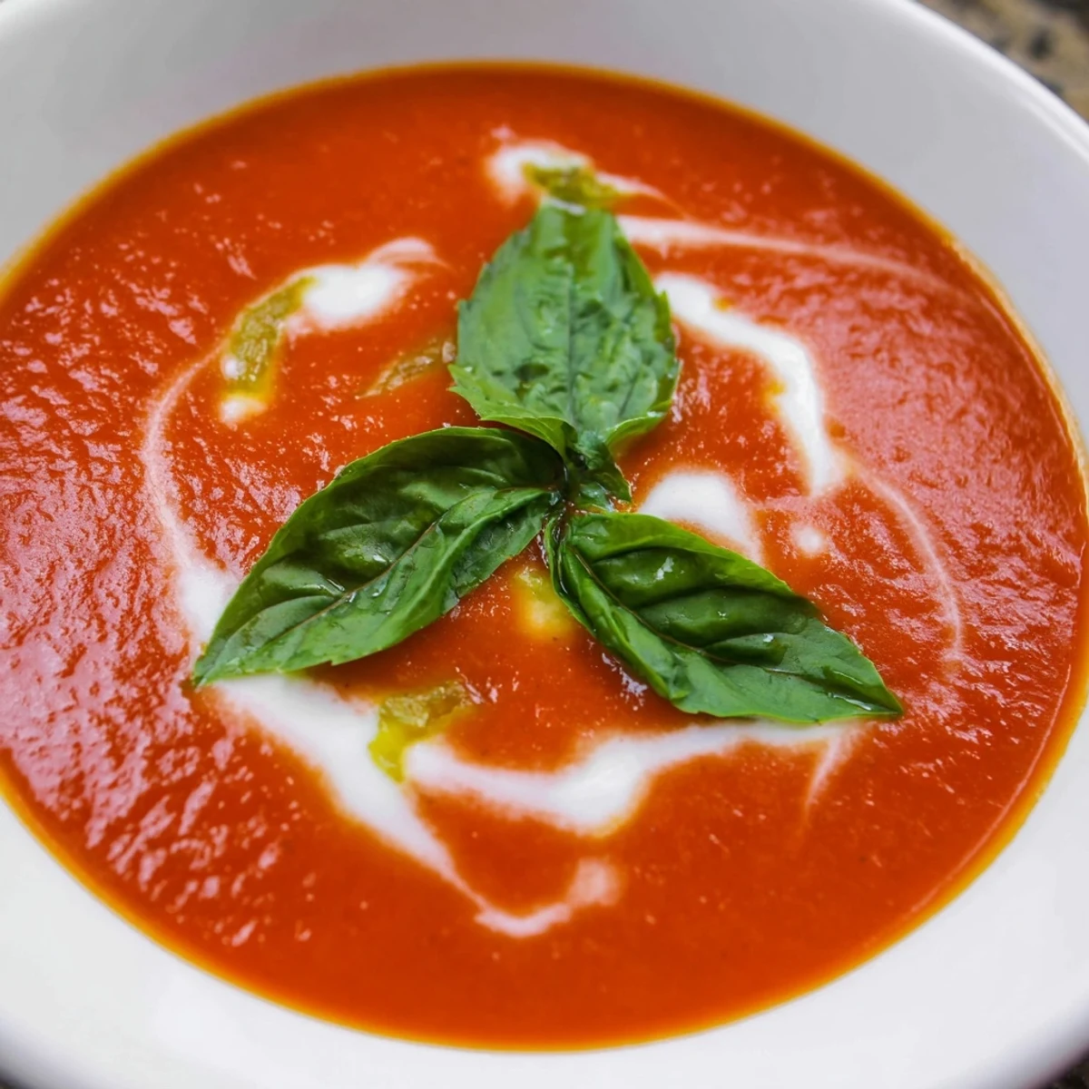 Creamy Tomato Soup with Fresh Basil served with grilled cheese on the side.