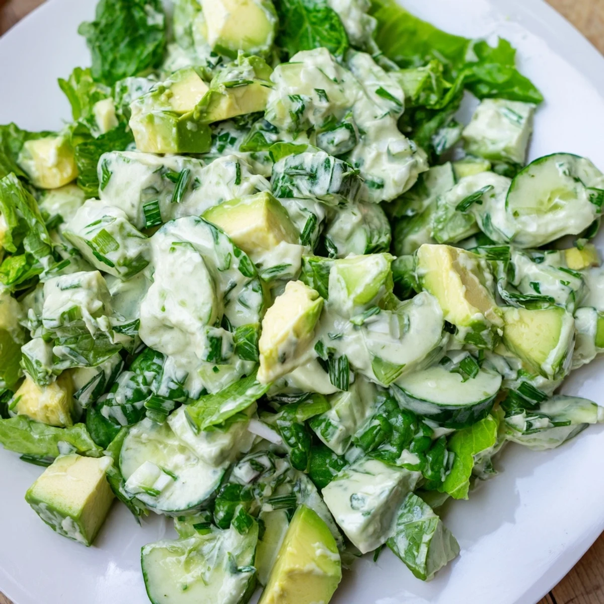 A close-up of fresh Green Goddess Salad with Avocado and Cucumber topped with herbs, served in a rustic white bowl for lunch.