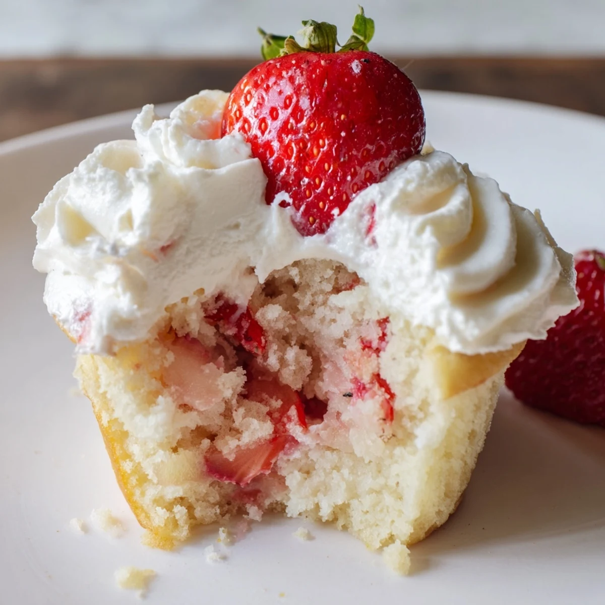 Freshly baked Strawberry Shortcake Cupcakes with whipped cream frosting and halved strawberries on top, shown on a rustic wooden table.