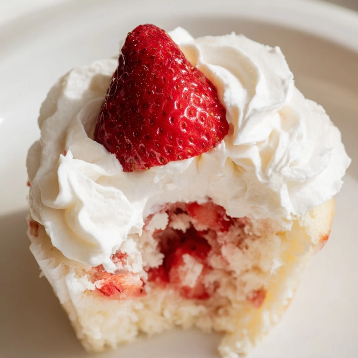 Moist vanilla Strawberry Shortcake Cupcakes filled with diced strawberries and topped with a generous swirl of fluffy whipped cream frosting.