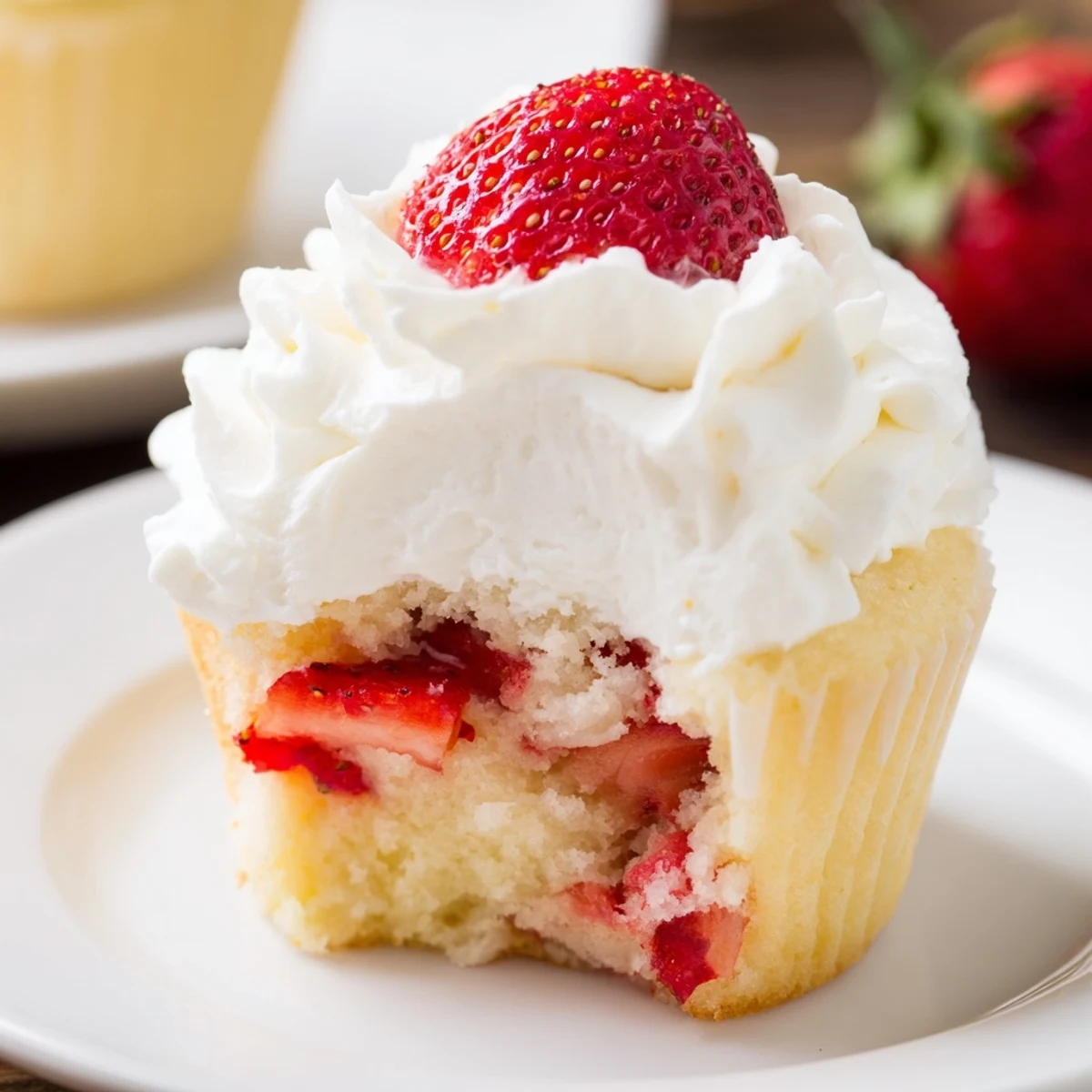 A close-up view of Strawberry Shortcake Cupcakes featuring a luscious frosting and fresh strawberry garnish, perfect for a summer dessert.