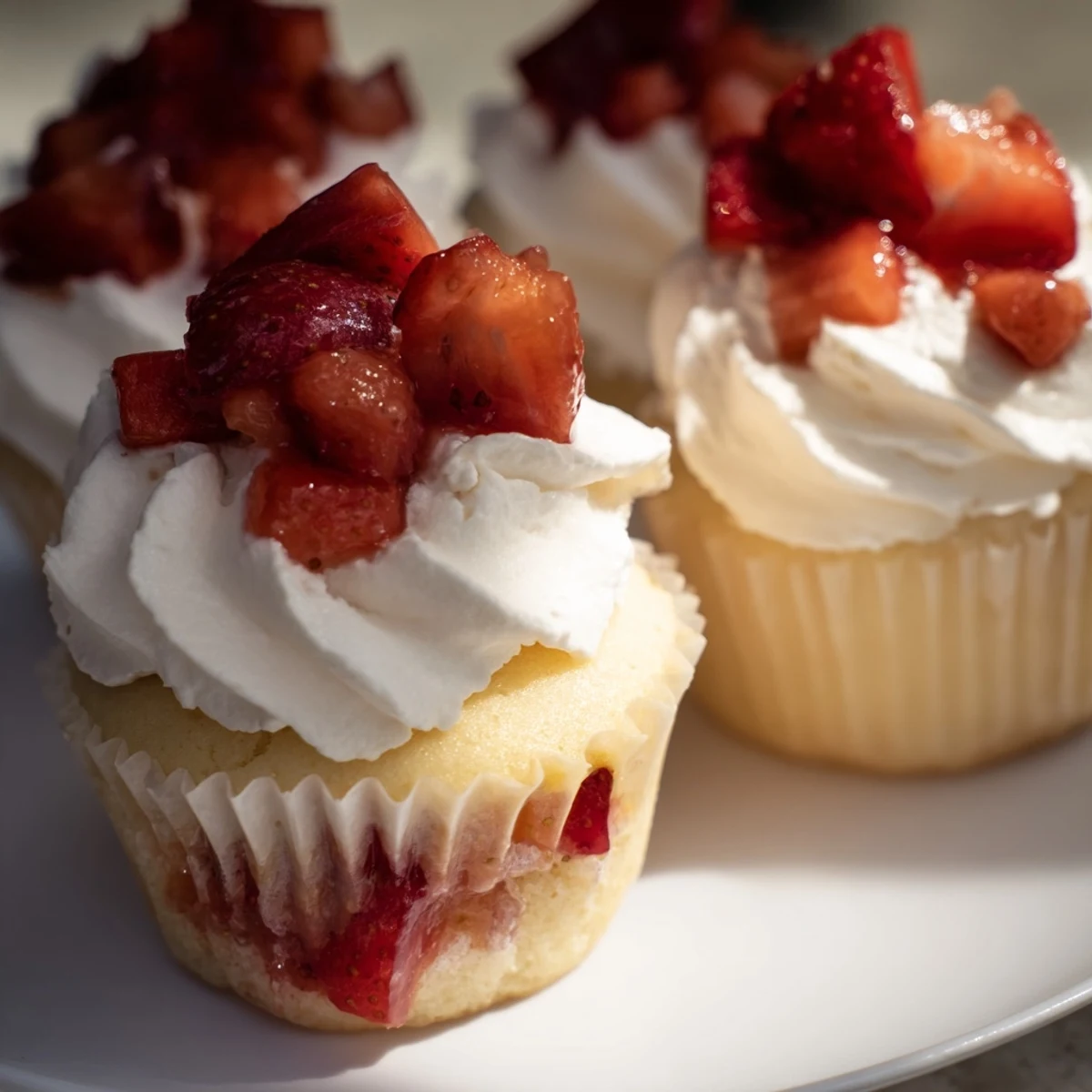 Freshly baked Strawberry Shortcake Cupcakes with creamy whipped frosting and bright red strawberry garnish.