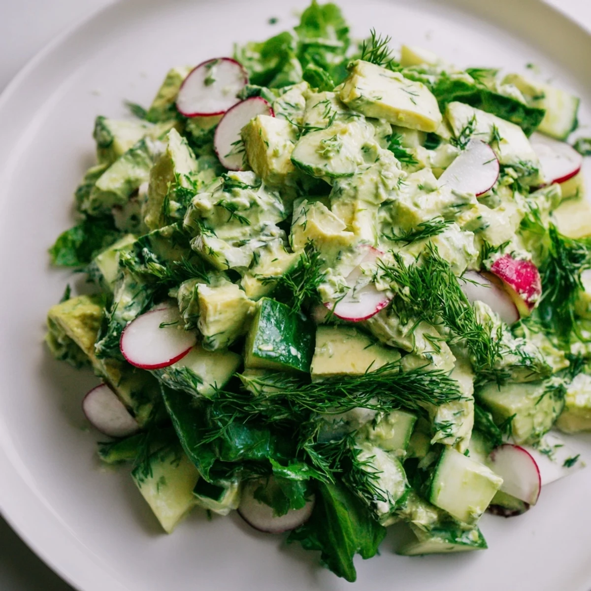 Fresh Green Goddess Salad with creamy avocado, crisp cucumber, and herby dressing served in a white bowl.