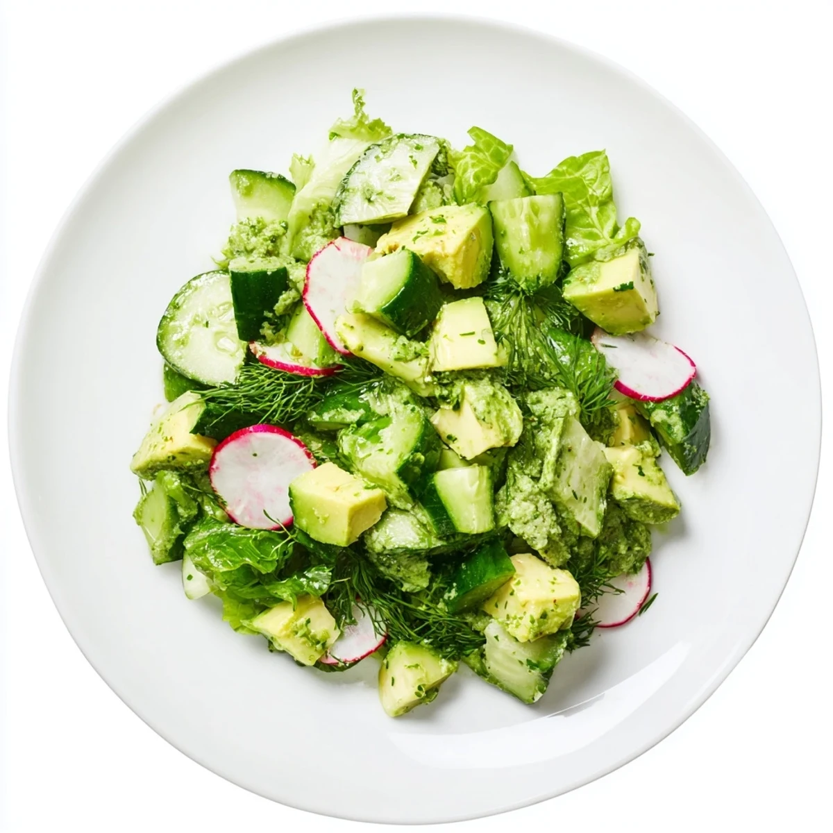 The vibrant Green Goddess Salad features diced avocado, crunchy cucumbers, and radishes tossed with a bright dressing.
