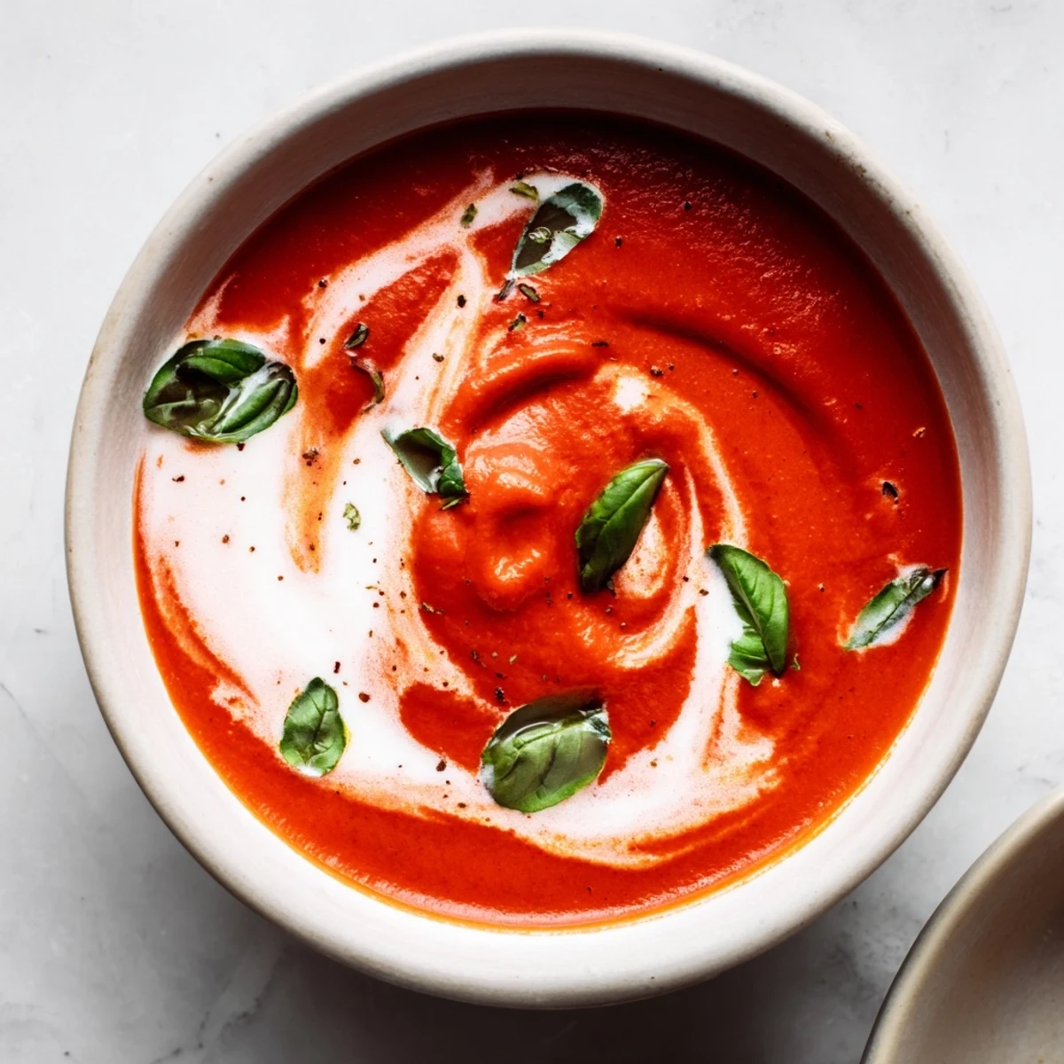 A bowl of creamy tomato soup with fresh basil garnish, served hot with a grilled cheese sandwich for a comforting lunch.