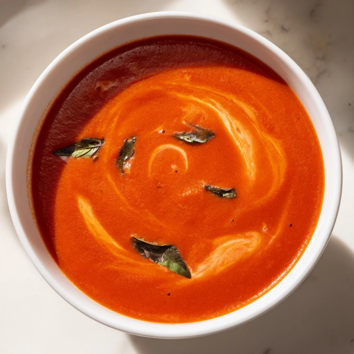 A pot of simmering creamy tomato soup with fresh basil, its velvety texture and rich aroma filling the kitchen.
