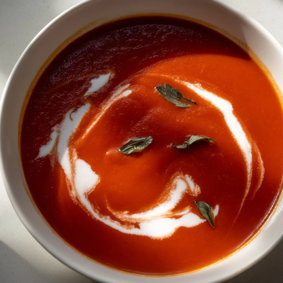 Smooth and velvety creamy tomato soup with fresh basil, garnished and ready to enjoy as a cozy vegetarian dinner.